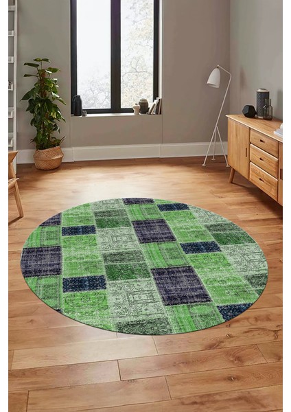 Baskılı Kaymaz Yıkanabilir Patchwork Desen Yuvarlak Mutfak Salon Halısı, Y-Patchwork-07-Yeşil,