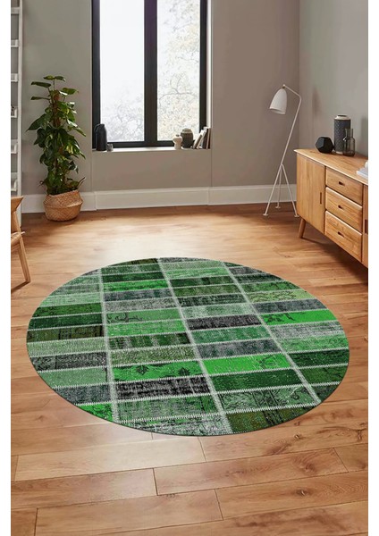 Baskılı Kaymaz Yıkanabilir Patchwork Desen Yuvarlak Mutfak Salon Halısı, Y-Patchwork-09-Yeşil, fırsatları