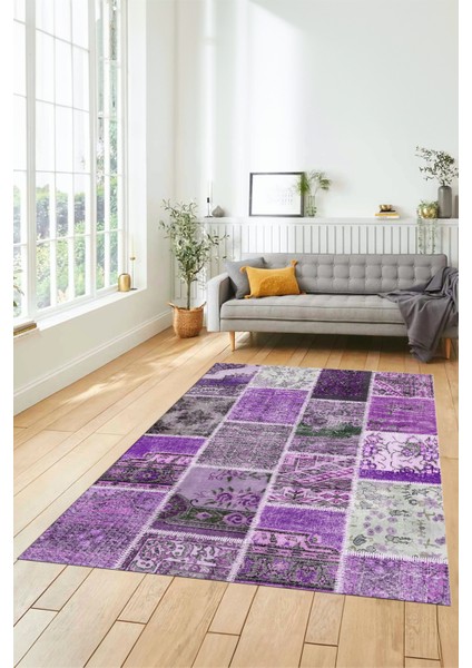 Dijital Kaymaz Taban Yıkanabilir Patchwork Desen Yolluk Mutfak Salon Halısı, Patchwork-04-Mor,