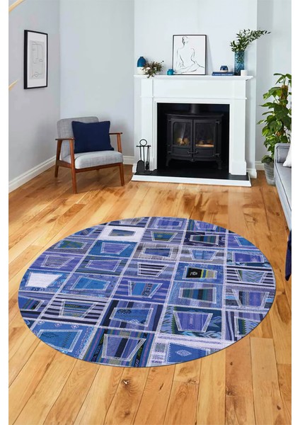 Baskılı Kaymaz Yıkanabilir Patchwork Desen Yuvarlak Mutfak Salon Halısı, Y-Patchwork-11-Mavi,
