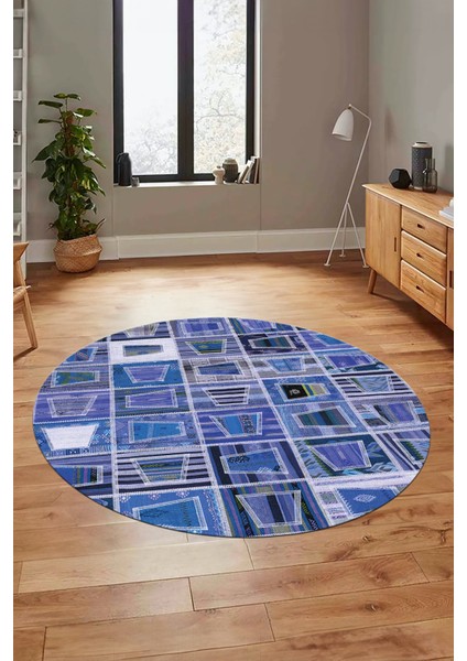 Baskılı Kaymaz Yıkanabilir Patchwork Desen Yuvarlak Mutfak Salon Halısı, Y-Patchwork-11-Mavi,