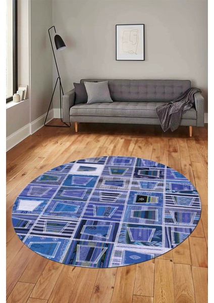 Baskılı Kaymaz Yıkanabilir Patchwork Desen Yuvarlak Mutfak Salon Halısı, Y-Patchwork-11-Mavi,