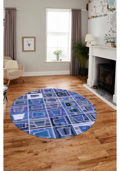 Baskılı Kaymaz Yıkanabilir Patchwork Desen Yuvarlak Mutfak Salon Halısı, Y-Patchwork-11-Mavi,