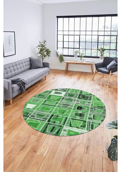 Baskılı Kaymaz Yıkanabilir Patchwork Desen Yuvarlak Mutfak Salon Halısı, Y-Patchwork-11-Yeşil,