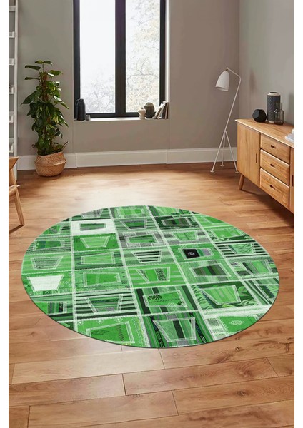 Baskılı Kaymaz Yıkanabilir Patchwork Desen Yuvarlak Mutfak Salon Halısı, Y-Patchwork-11-Yeşil,