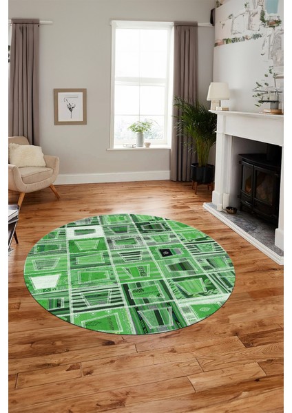 Baskılı Kaymaz Yıkanabilir Patchwork Desen Yuvarlak Mutfak Salon Halısı, Y-Patchwork-11-Yeşil,