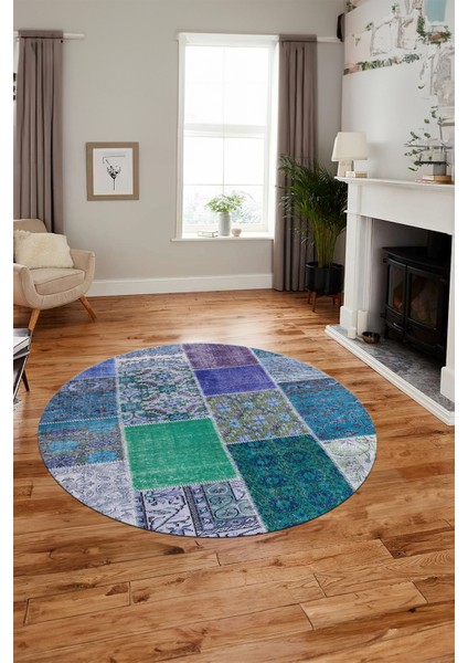 Baskılı Kaymaz Yıkanabilir Patchwork Desen Yuvarlak Mutfak Salon Halısı, Y-Patchwork-01-Mavi,