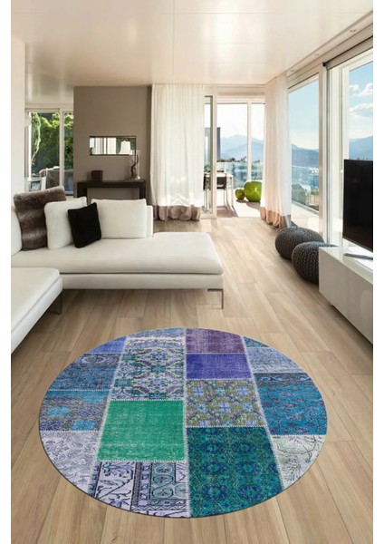 Baskılı Kaymaz Yıkanabilir Patchwork Desen Yuvarlak Mutfak Salon Halısı, Y-Patchwork-01-Mavi, fiyatları