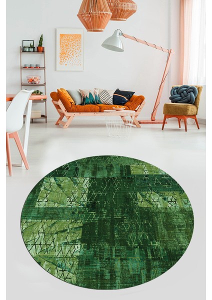 Baskılı Kaymaz Yıkanabilir Patchwork Desen Yuvarlak Mutfak Salon Halısı, Y-Patchwork-05-Yeşil, modelleri