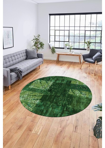Baskılı Kaymaz Yıkanabilir Patchwork Desen Yuvarlak Mutfak Salon Halısı, Y-Patchwork-05-Yeşil, fırsatları