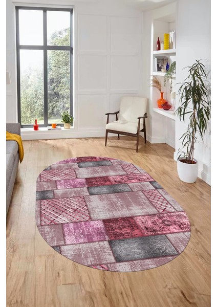 Baskılı Kaymaz Taban Yıkanabilir Patchwork Desen Oval Yolluk Salon Halısı, O-Patchwork-18-Pembe, fırsatları