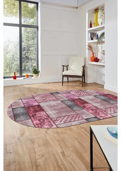 Baskılı Kaymaz Taban Yıkanabilir Patchwork Desen Oval Yolluk Salon Halısı, O-Patchwork-18-Pembe, indirimleri