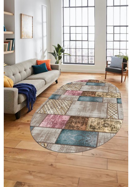 Baskılı Kaymaz Taban Yıkanabilir Patchwork Desen Oval Yolluk Salon Halısı, O-Patchwork-18-Renkli,