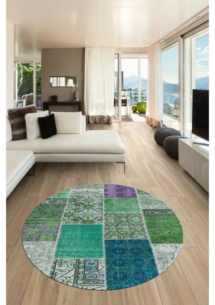 Baskılı Kaymaz Yıkanabilir Patchwork Desen Yuvarlak Mutfak Salon Halısı, Y-Patchwork-01-Yeşil, fiyatları