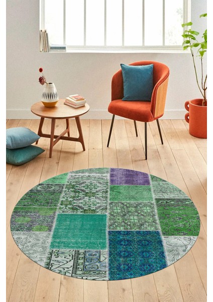 Baskılı Kaymaz Yıkanabilir Patchwork Desen Yuvarlak Mutfak Salon Halısı, Y-Patchwork-01-Yeşil, modelleri