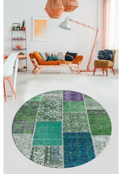 Baskılı Kaymaz Yıkanabilir Patchwork Desen Yuvarlak Mutfak Salon Halısı, Y-Patchwork-01-Yeşil, fırsatları