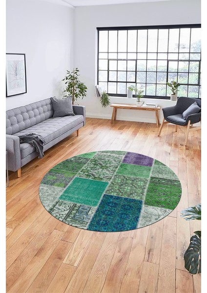 Baskılı Kaymaz Yıkanabilir Patchwork Desen Yuvarlak Mutfak Salon Halısı, Y-Patchwork-01-Yeşil, indirimleri