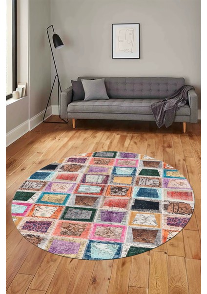 Baskılı Kaymaz Yıkanabilir Patchwork Desen Yuvarlak Mutfak Salon Halısı, Y-Patchwork-14-Renkli, modelleri
