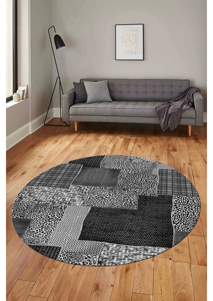 Baskılı Kaymaz Yıkanabilir Patchwork Desen Yuvarlak Mutfak Salon Halısı, Y-Patchwork-15-Gri,