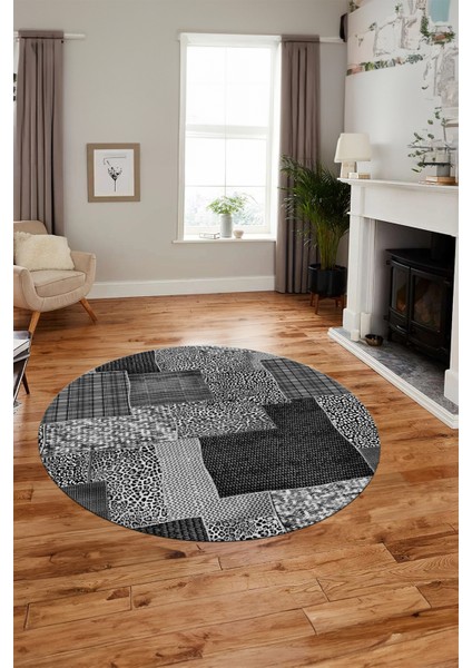 Baskılı Kaymaz Yıkanabilir Patchwork Desen Yuvarlak Mutfak Salon Halısı, Y-Patchwork-15-Gri,