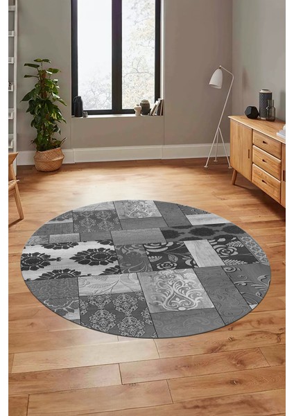 Baskılı Kaymaz Yıkanabilir Patchwork Desen Yuvarlak Mutfak Salon Halısı, Y-Patchwork-16-Gri,