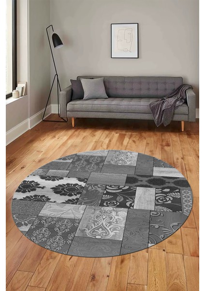 Baskılı Kaymaz Yıkanabilir Patchwork Desen Yuvarlak Mutfak Salon Halısı, Y-Patchwork-16-Gri,