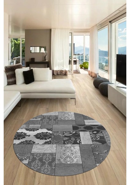 Baskılı Kaymaz Yıkanabilir Patchwork Desen Yuvarlak Mutfak Salon Halısı, Y-Patchwork-16-Gri,
