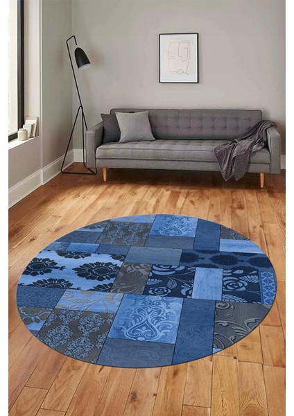 Baskılı Kaymaz Yıkanabilir Patchwork Desen Yuvarlak Mutfak Salon Halısı, Y-Patchwork-16-Mavi, fiyatları