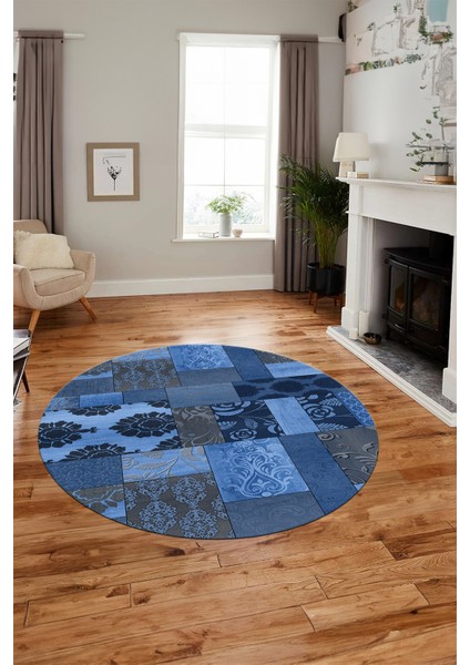Baskılı Kaymaz Yıkanabilir Patchwork Desen Yuvarlak Mutfak Salon Halısı, Y-Patchwork-16-Mavi, modelleri
