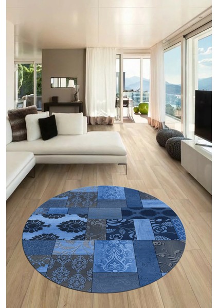 Baskılı Kaymaz Yıkanabilir Patchwork Desen Yuvarlak Mutfak Salon Halısı, Y-Patchwork-16-Mavi, fırsatları
