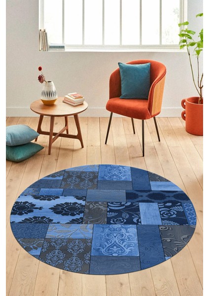 Baskılı Kaymaz Yıkanabilir Patchwork Desen Yuvarlak Mutfak Salon Halısı, Y-Patchwork-16-Mavi, indirimleri