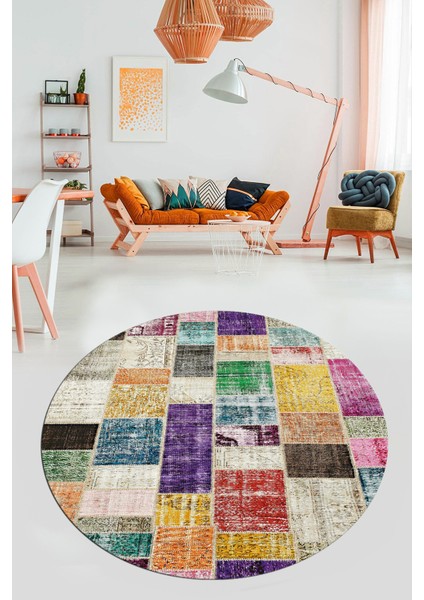Baskılı Kaymaz Yıkanabilir Patchwork Desen Yuvarlak Mutfak Salon Halısı, Y-Patchwork-03-Renkli,