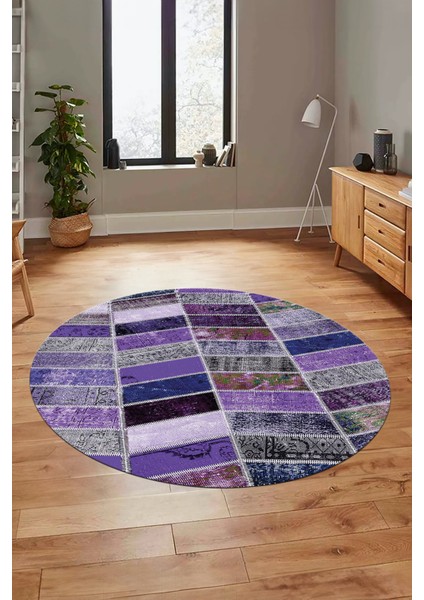 Baskılı Kaymaz Yıkanabilir Patchwork Desen Yuvarlak Mutfak Salon Halısı, Y-Patchwork-10-Mor,