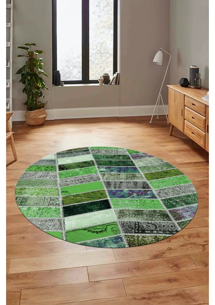 Baskılı Kaymaz Yıkanabilir Patchwork Desen Yuvarlak Mutfak Salon Halısı, Y-Patchwork-10-Yeşil, fırsatları