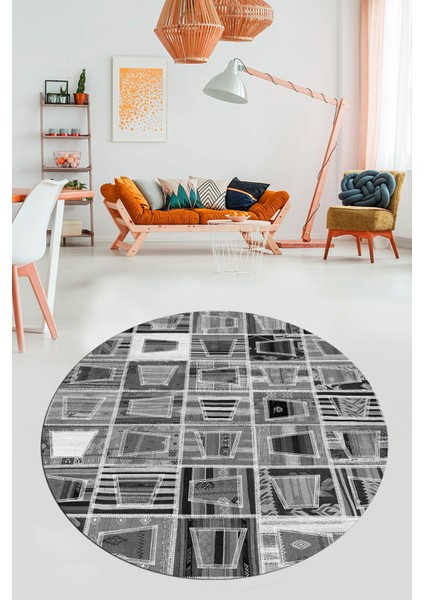 Baskılı Kaymaz Yıkanabilir Patchwork Desen Yuvarlak Mutfak Salon Halısı, Y-Patchwork-11-Gri,