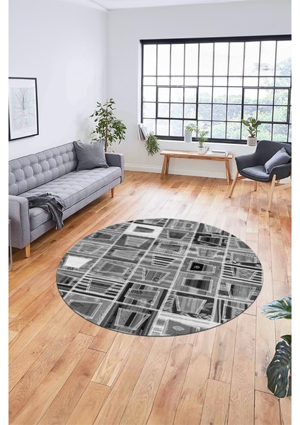 Baskılı Kaymaz Yıkanabilir Patchwork Desen Yuvarlak Mutfak Salon Halısı, Y-Patchwork-11-Gri,