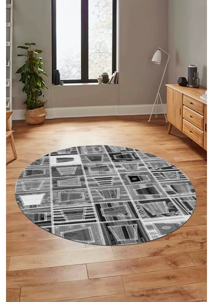 Baskılı Kaymaz Yıkanabilir Patchwork Desen Yuvarlak Mutfak Salon Halısı, Y-Patchwork-11-Gri,