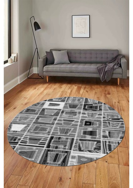 Baskılı Kaymaz Yıkanabilir Patchwork Desen Yuvarlak Mutfak Salon Halısı, Y-Patchwork-11-Gri,
