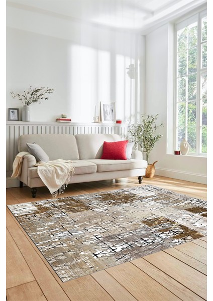 Dijital Kaymaz Taban Yıkanabilir Patchwork Desen Yolluk Mutfak Salon Halısı, Patchwork-05-Kahve,