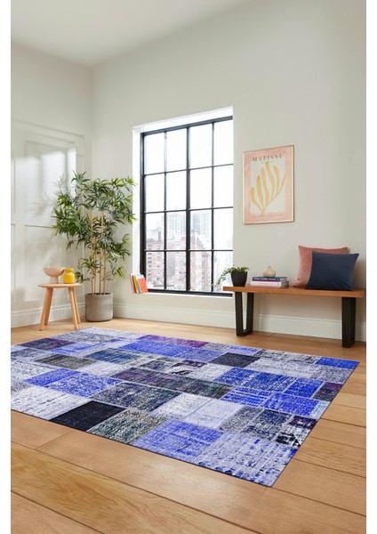 Dijital Kaymaz Taban Yıkanabilir Patchwork Desen Yolluk Mutfak Salon Halısı, Patchwork-03-Mavi,