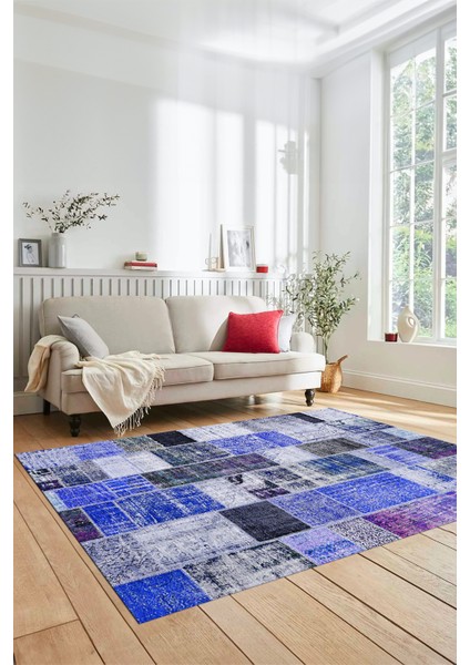 Dijital Kaymaz Taban Yıkanabilir Patchwork Desen Yolluk Mutfak Salon Halısı, Patchwork-03-Mavi,