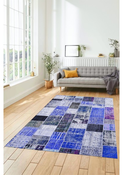 Dijital Kaymaz Taban Yıkanabilir Patchwork Desen Yolluk Mutfak Salon Halısı, Patchwork-03-Mavi,