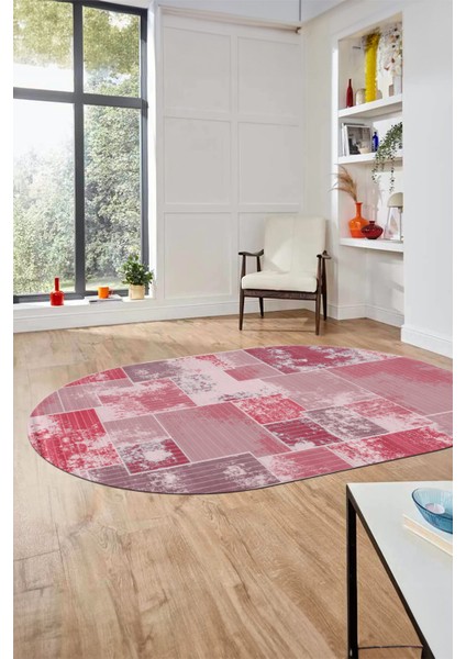 Baskılı Kaymaz Taban Yıkanabilir Patchwork Desen Oval Yolluk Salon Halısı, O-Patchwork-20-Kırmızı, fırsatları