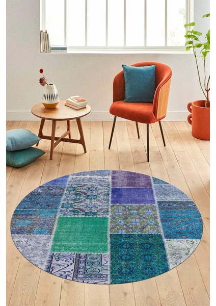 Baskılı Kaymaz Yıkanabilir Patchwork Desen Yuvarlak Mutfak Salon Halısı, Y-Patchwork-01-Mavi, modelleri