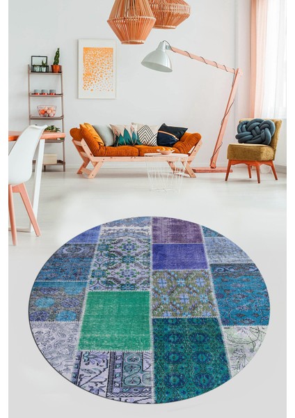 Baskılı Kaymaz Yıkanabilir Patchwork Desen Yuvarlak Mutfak Salon Halısı, Y-Patchwork-01-Mavi, fırsatları