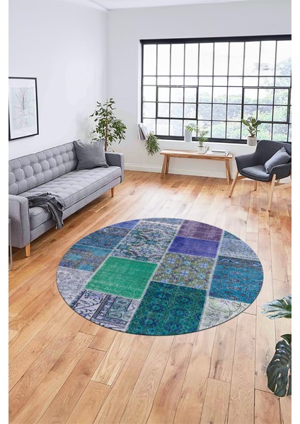 Baskılı Kaymaz Yıkanabilir Patchwork Desen Yuvarlak Mutfak Salon Halısı, Y-Patchwork-01-Mavi, indirimleri