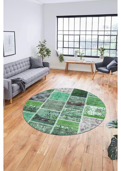 Baskılı Kaymaz Yıkanabilir Patchwork Desen Yuvarlak Mutfak Salon Halısı, Y-Patchwork-04-Yeşil, fırsatları