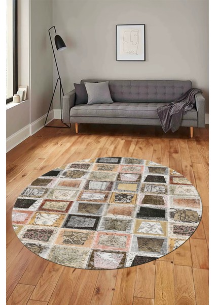 Baskılı Kaymaz Yıkanabilir Patchwork Desen Yuvarlak Mutfak Salon Halısı, Y-Patchwork-14-Kahve, modelleri