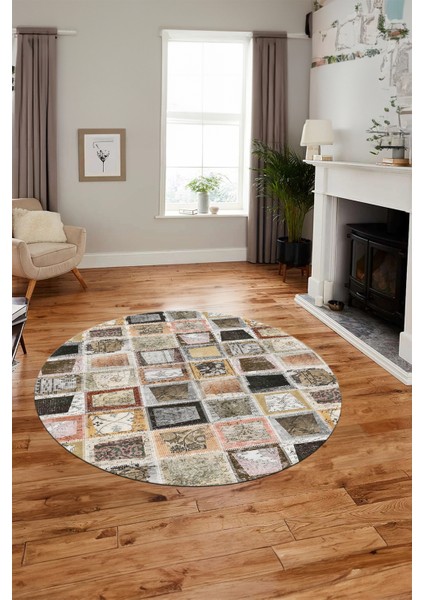 Baskılı Kaymaz Yıkanabilir Patchwork Desen Yuvarlak Mutfak Salon Halısı, Y-Patchwork-14-Kahve, fırsatları