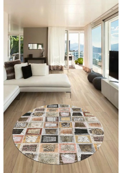 Baskılı Kaymaz Yıkanabilir Patchwork Desen Yuvarlak Mutfak Salon Halısı, Y-Patchwork-14-Kahve, indirimleri